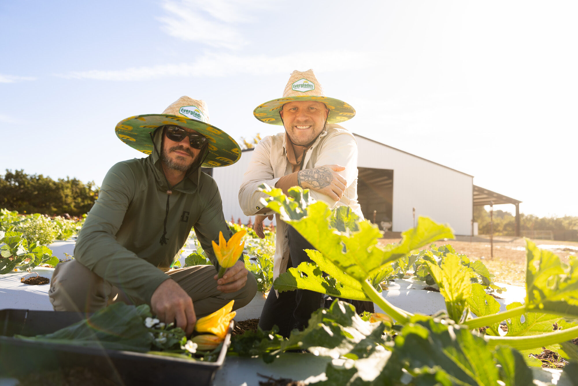 Two people in sun hats crouch in a garden, examining plants, with a building in the background under a clear sky.