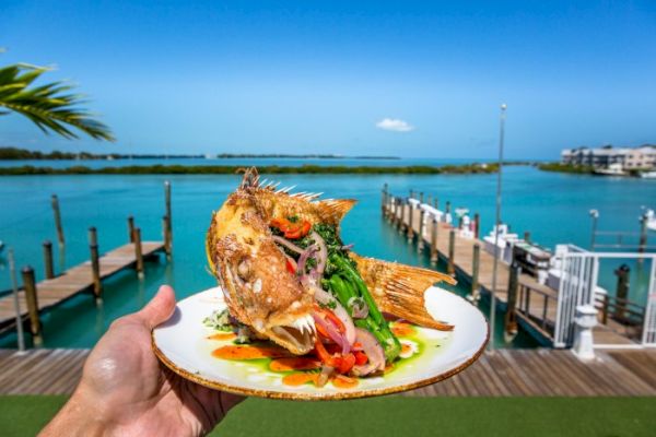 A hand holds a plate with a whole cooked fish garnished with vegetables, against a backdrop of a scenic waterfront with docks and clear blue water.