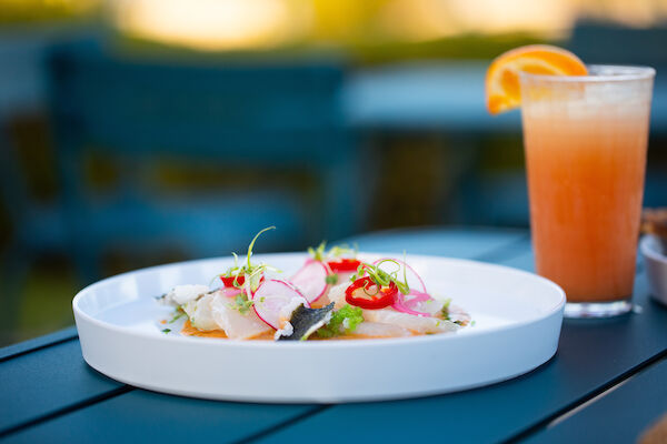 A plated dish with sliced fish, radishes, peppers, and greens next to a tall glass with an orange slice garnish.