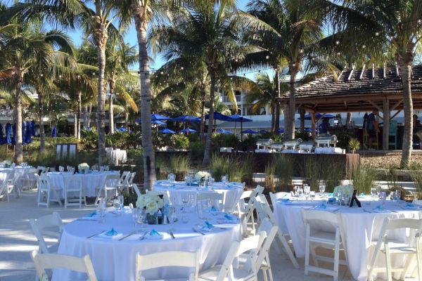 An outdoor event setup with round tables covered in white tablecloths, surrounded by white chairs, amidst palm trees in a tropical setting.