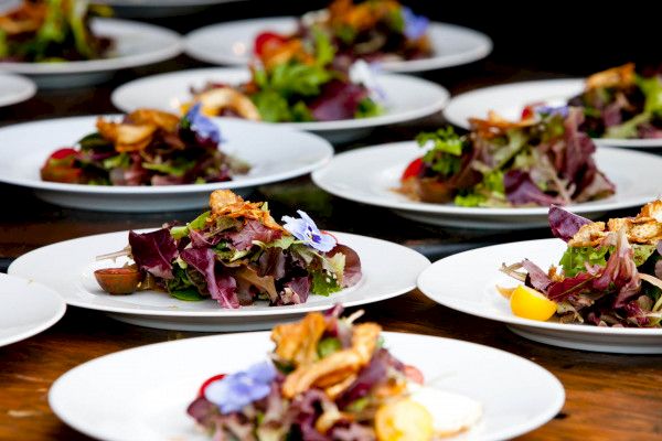 Multiple plates of vibrant salads, garnished with mixed greens, flowers, and crispy elements, arranged on a table.