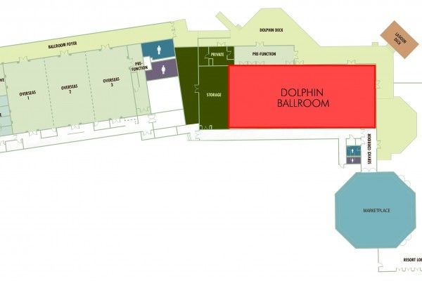 The image is a floor plan showcasing the layout of various rooms, including a prominent "Dolphin Ballroom," and areas labeled as "Oversea" and "Marketplace."