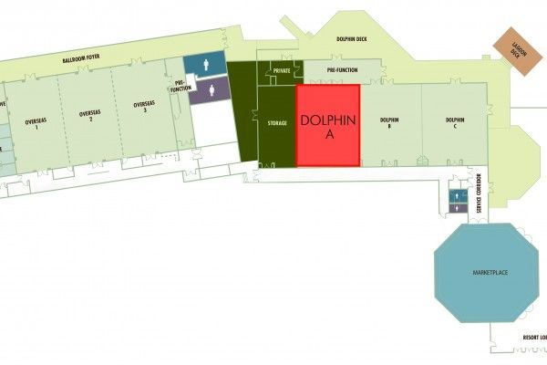 This is a floor plan showing various rooms, including "Dolphin A", two other dolphin-named areas, meeting rooms, and different facilities.