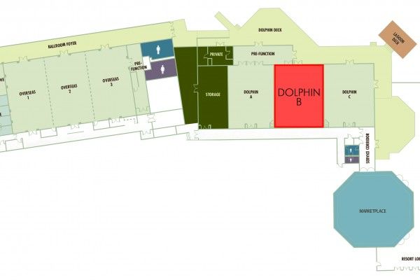 The image shows a floor plan layout with labeled rooms such as "Dolphin B," lounges, restrooms, a marketplace, and several other areas, ending the sentence.