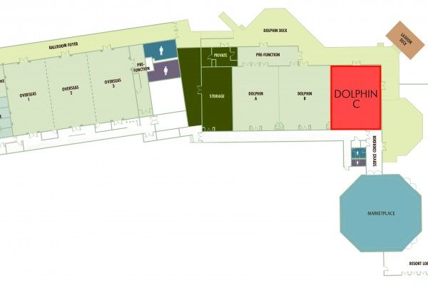 The image is a layout map highlighting various areas labeled Oversea 1-4, Speaker Box, Luggage, Sunshine, Dolphin C, Marketplace, and other facilities.