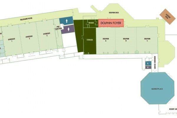 A floor plan showing areas labeled "DOLPHIN FOYER," "OVERSEAS," and "MARKETPLACE," with rooms and facilities marked within the layout.