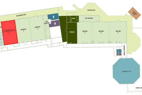 This image shows a floor plan with labels for various areas, including "Overseas," offices, a store, a recruit room, and a marketplace.