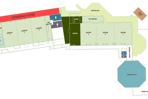 A floor plan showing various rooms including 'Overseas Foyer,' offices, and a 'Retail Room Leather' with marked restrooms and entrances.