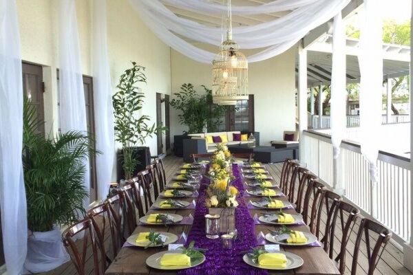 A long dining table is elegantly set under a covered patio with hanging white drapery and decorated chairs, plates, and a purple table runner, ending the sentence.