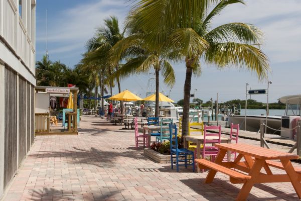 A waterfront promenade with colorful picnic tables and chairs under palm trees, adjacent to a dock with boats and a small shop.