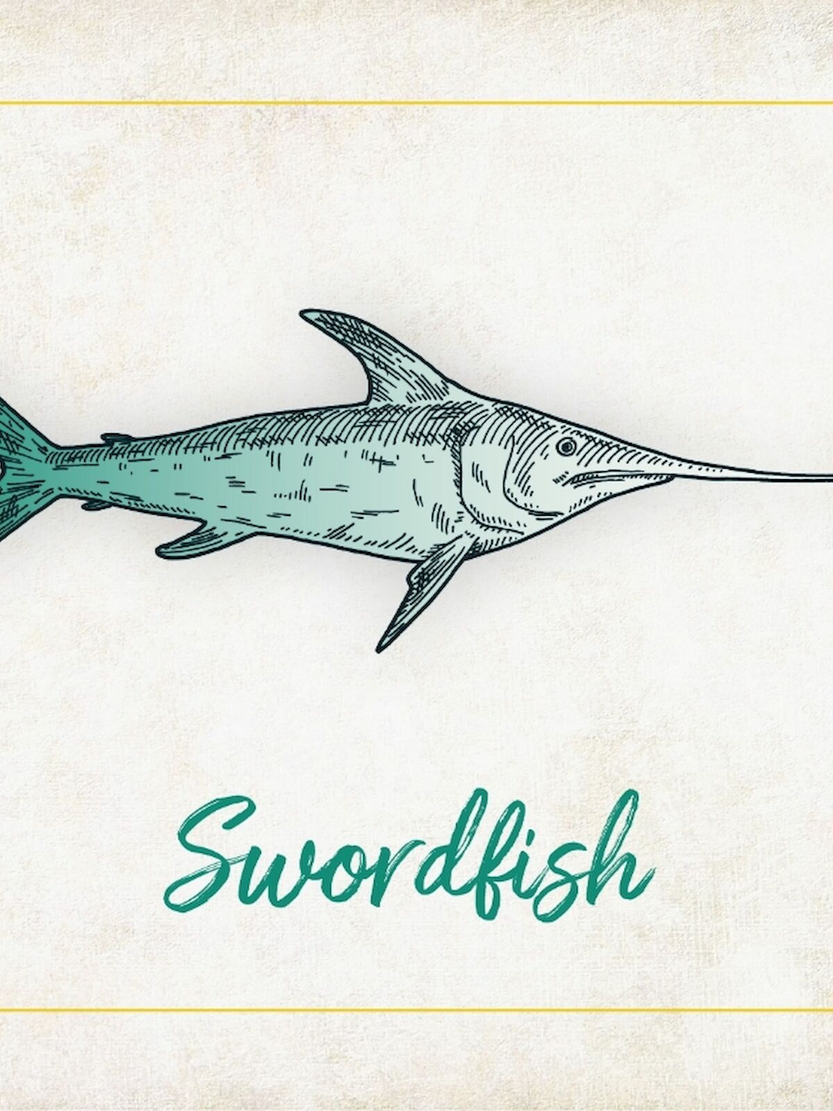 The image shows an illustration of a swordfish with the word "Swordfish" written underneath it in a stylized font.