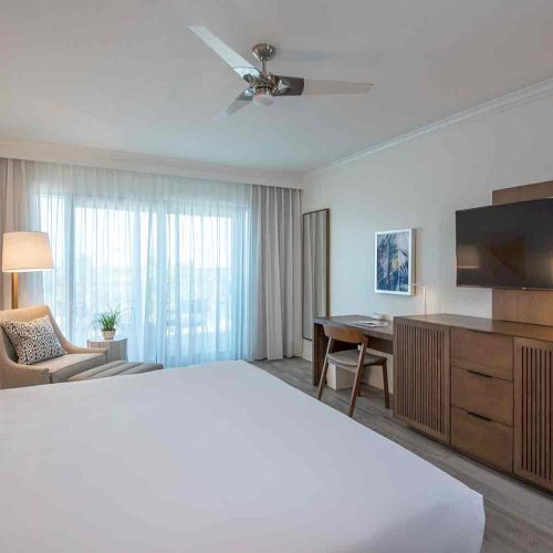 A modern bedroom with a large bed, armchair, lamp, TV, desk, and dresser, featuring a ceiling fan and large window with sheer curtains.