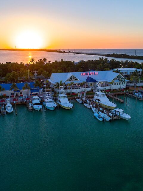 An aerial view of a marina at sunset with boats docked alongside buildings, surrounded by water and lush greenery.