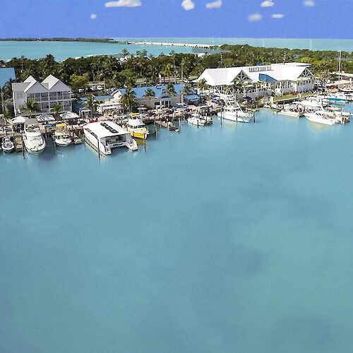 A marina with numerous boats docked, surrounded by clear turquoise waters and coastal buildings under a partly cloudy sky, ending the sentence.