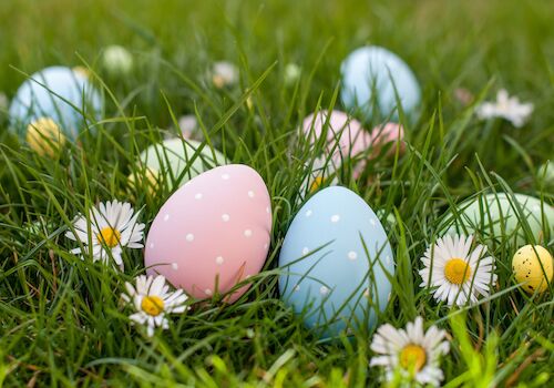 Colorful Easter eggs with polka dots are nestled in grass, surrounded by small white daisies, creating a festive springtime scene.