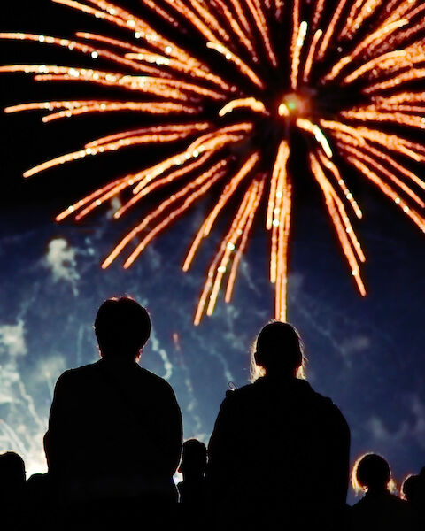 A crowd watches a large firework exploding in the night sky, silhouetted by its bright, colorful trails and glowing display above them.