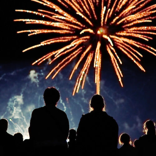 A crowd watches a large firework exploding in the night sky, silhouetted by its bright, colorful trails and glowing display above them.