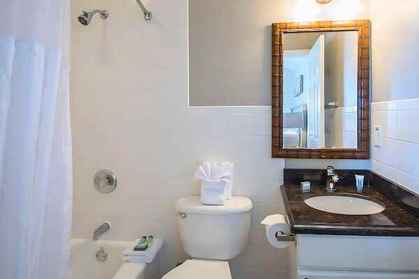 A bathroom with a bathtub, white curtain, toilet with a folded towel, black countertop, and wall mirror under lights.