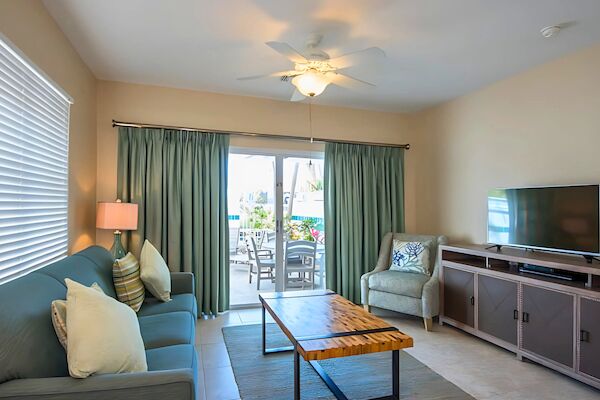 A cozy living room with a sofa, pillows, lamp, armchair, TV on a stand, coffee table, curtains, and a sliding door leading to an outdoor area.